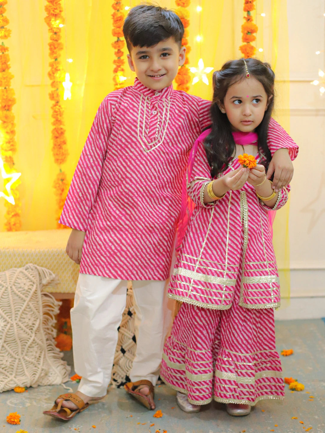 BownBee Pure Cotton Printed Leheriya Kurta Pajama for Boy with Pure Cotton Printed Kurta Sharara with Dupatta for Girls