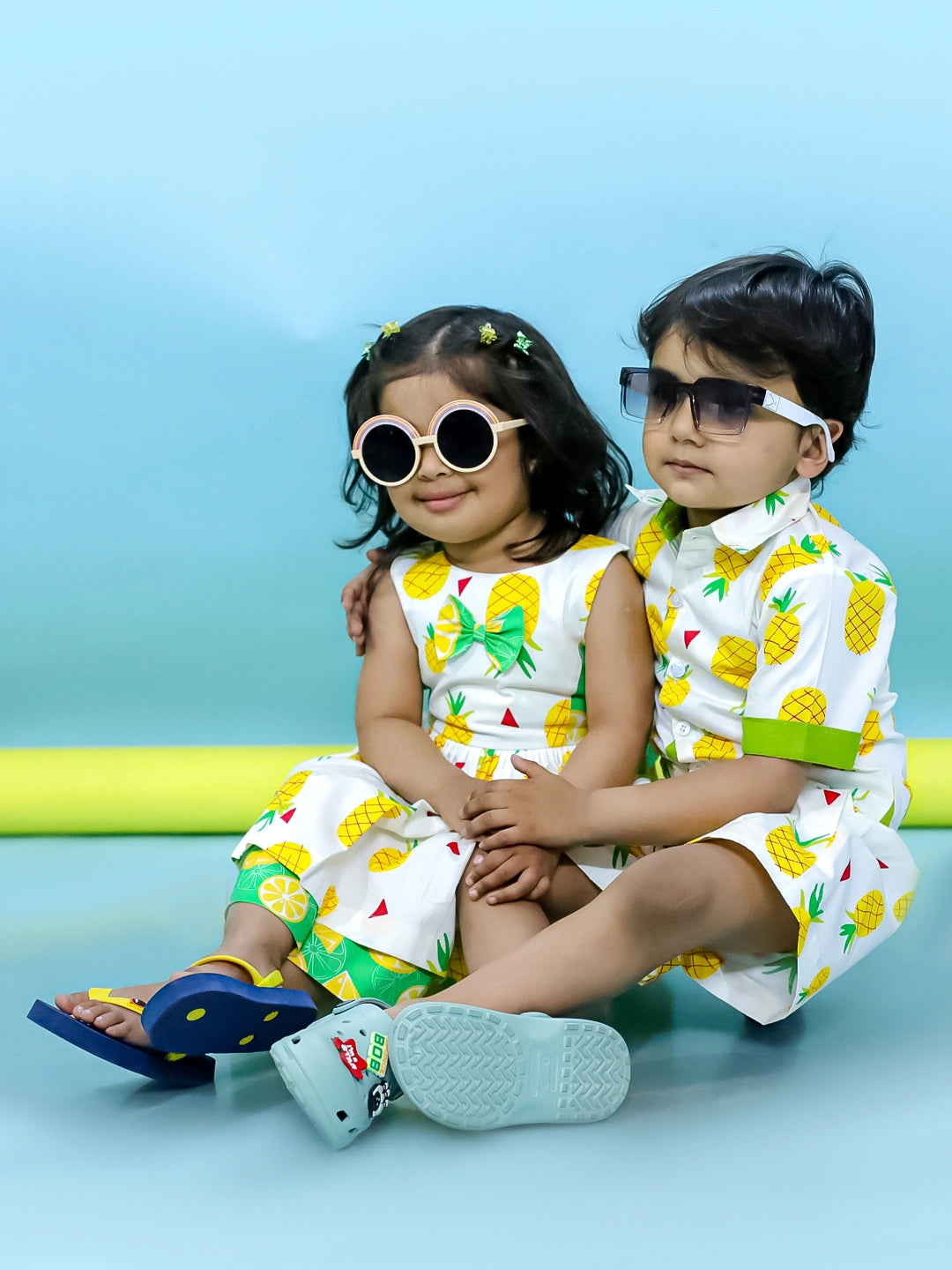 BownBee Pinacolada Shirt & Shorts Set & Summer Frock Sibling Set - White (Pre-Order)
