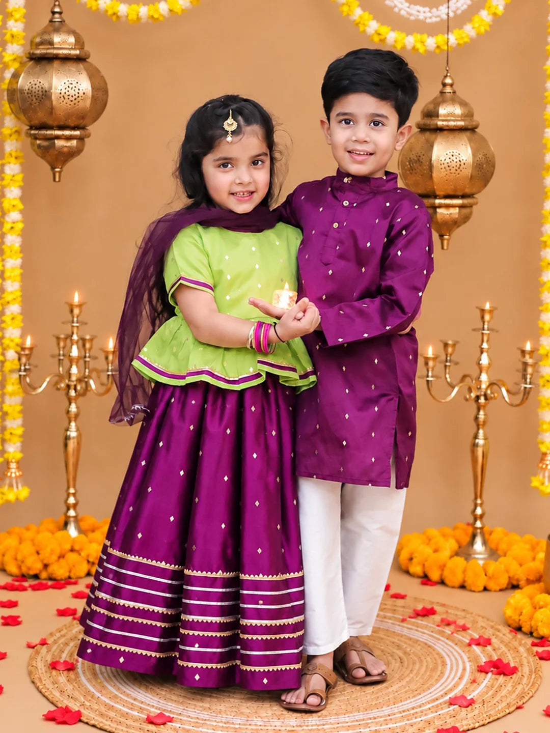 Bownbee Festive Taffeta Kurta Pajama & Lehenga Choli with Dupatta Sibling Set