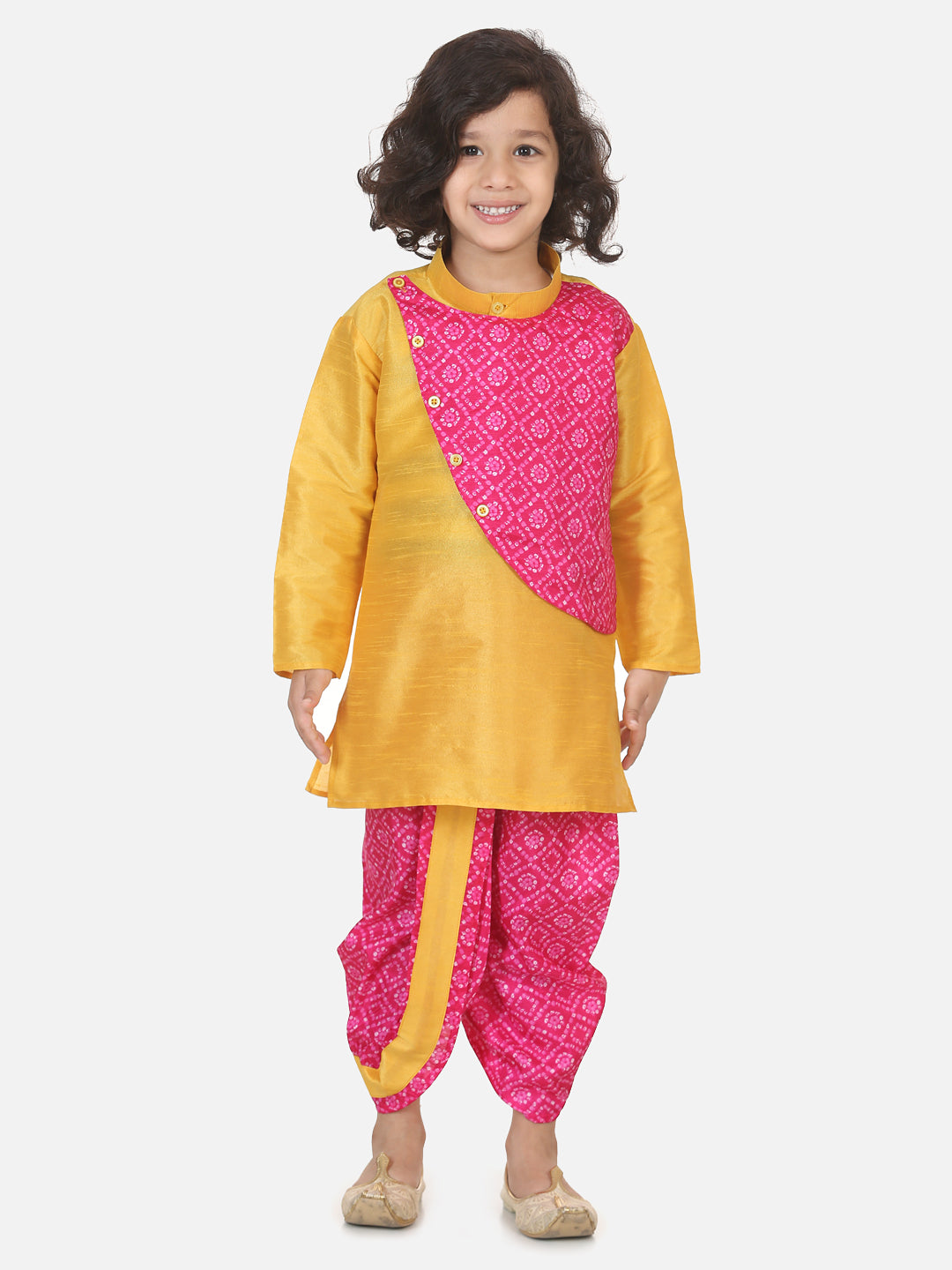 BownBee Boys Double Panel Bandhani Silk Dhoti Kurta- Pink