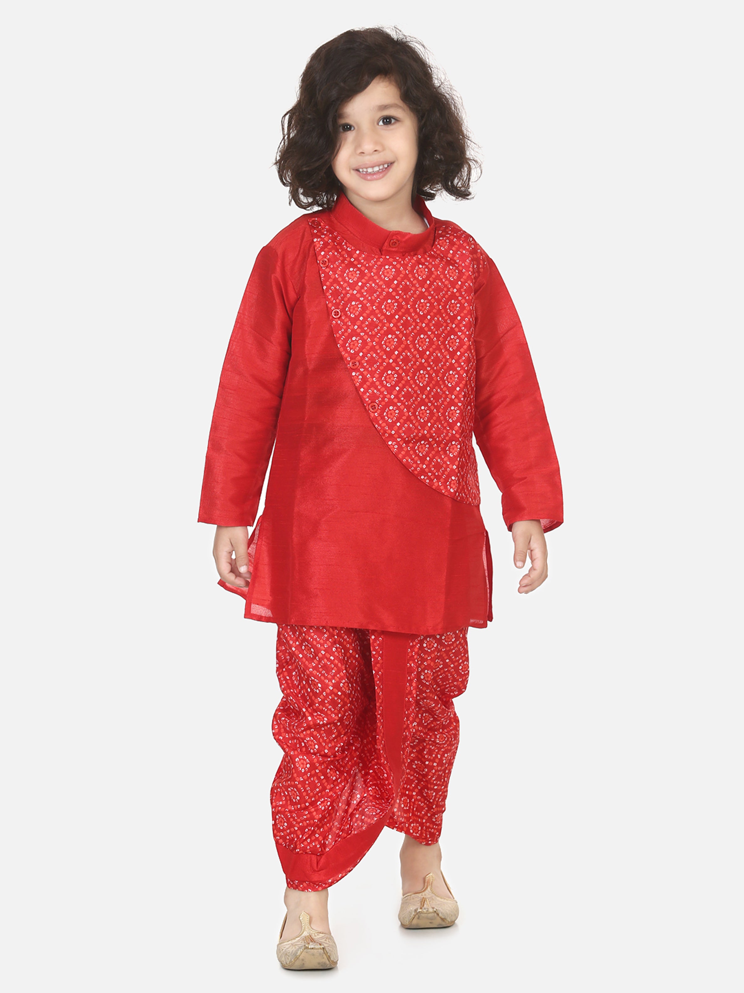 BownBee Boys Double Panel Bandhani Silk Dhoti Kurta-Super Sale