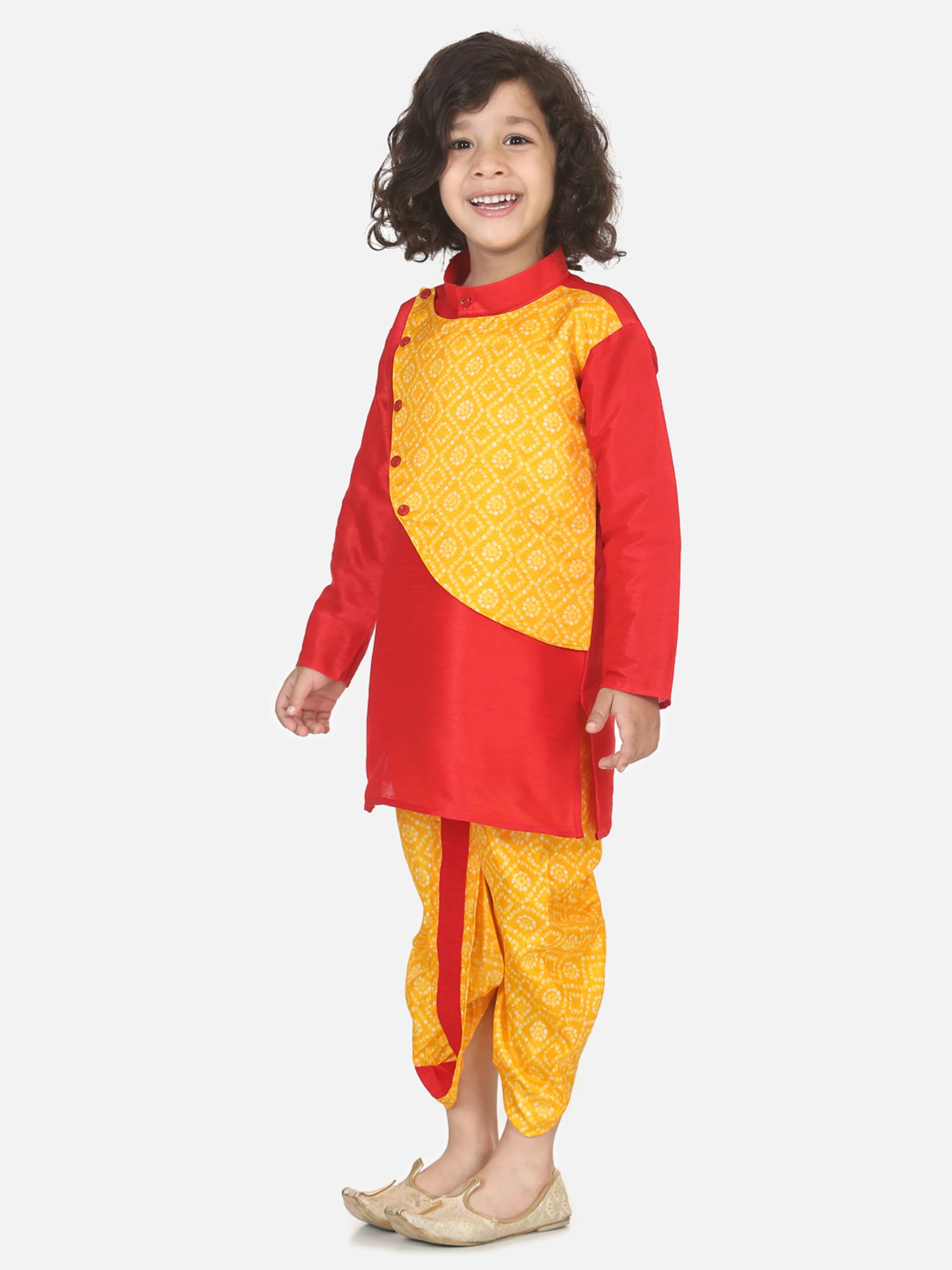 BownBee Boys Double Panel Bandhani Silk Dhoti Kurta