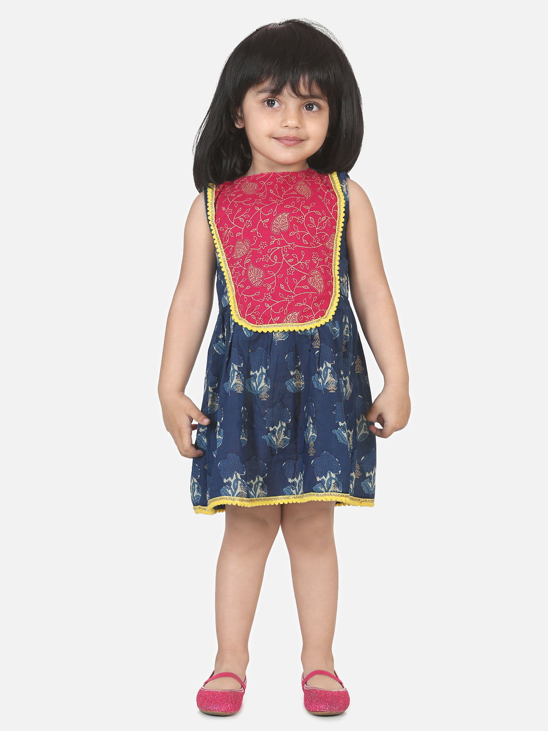 BownBee Round Patch Cotton Sleeveless Frock - Blue