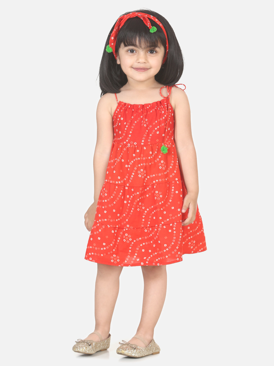 BownBee Bandhani Print Tier Cotton Frock with Headband - Red