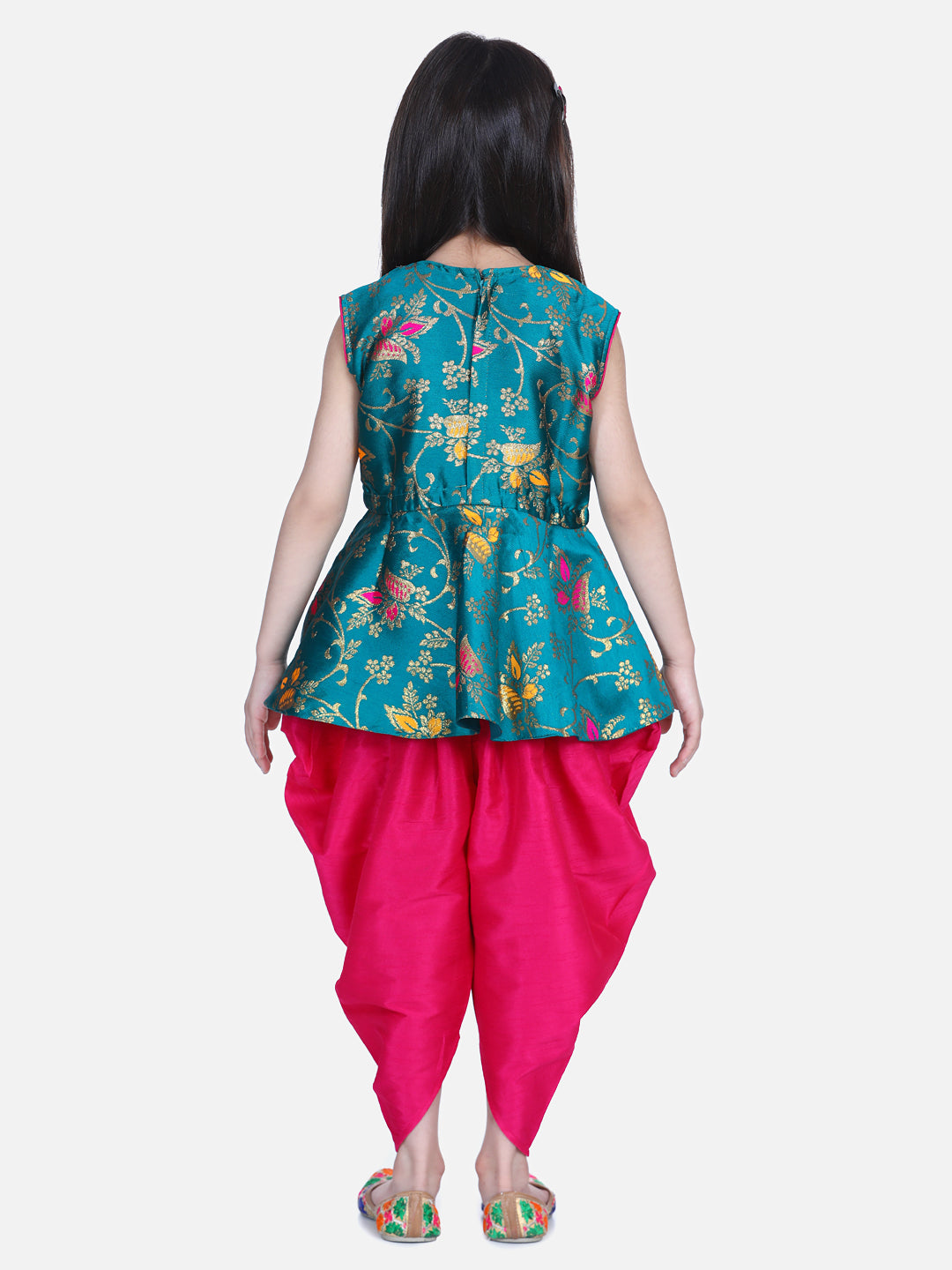 BownBee Flower Print Sleeveless Top With Silk Dhoti - Green