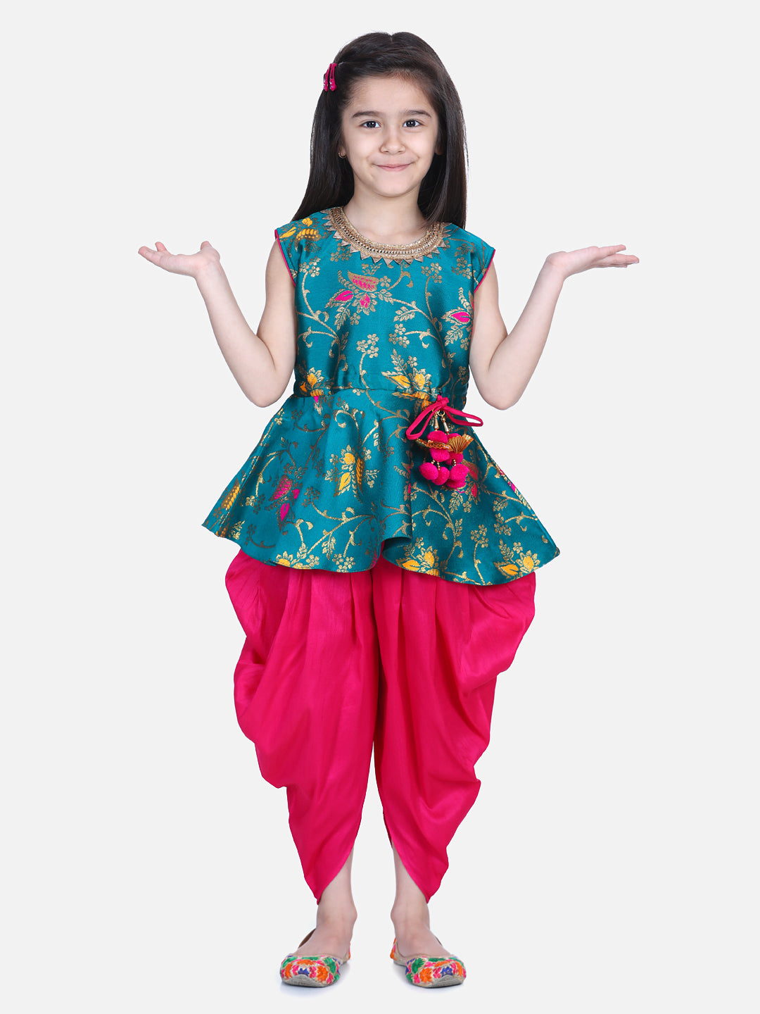 BownBee Flower Print Sleeveless Top With Silk Dhoti - Green