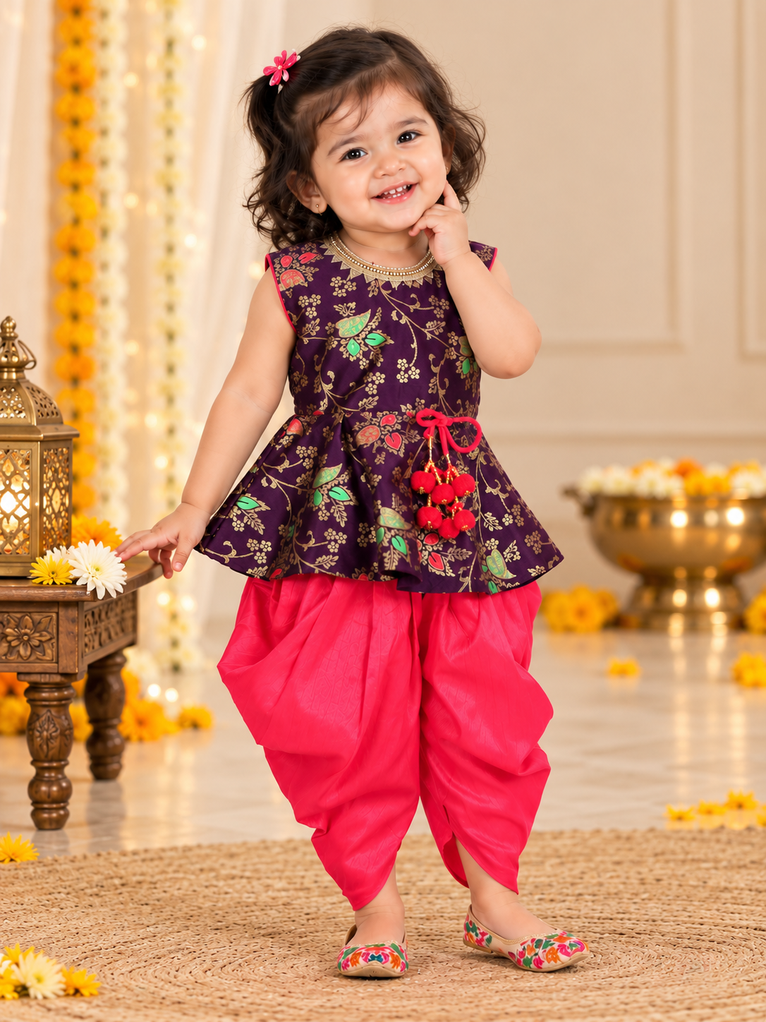 BownBee Flower Print Sleeveless Top With Silk Dhoti