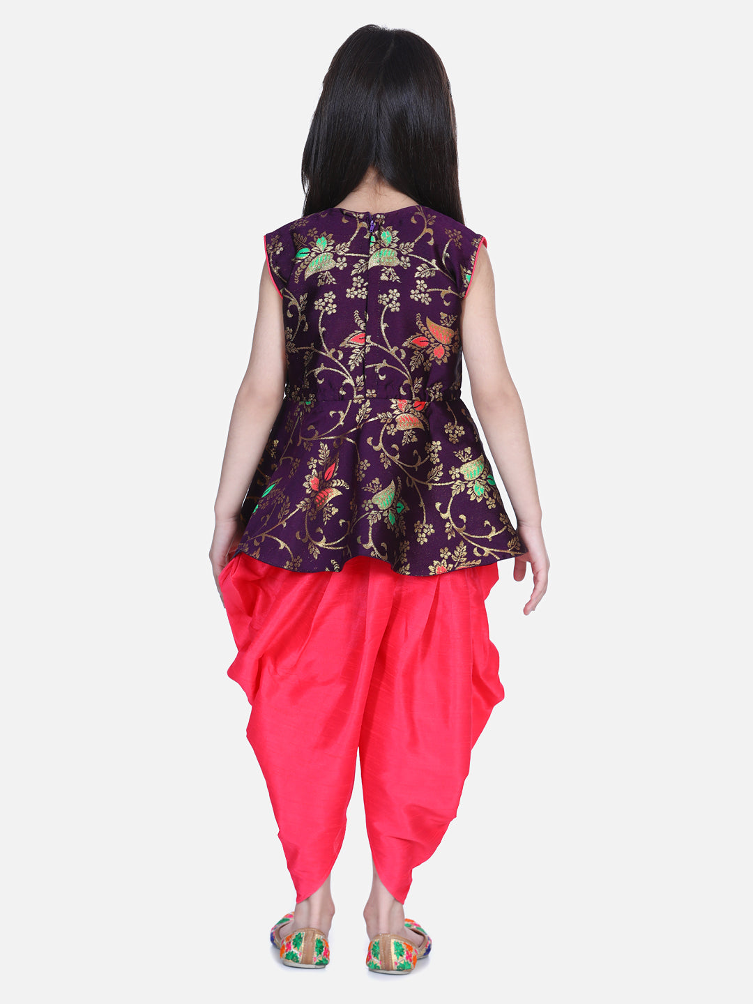 BownBee Flower Print Sleeveless Top With Silk Dhoti - Purple