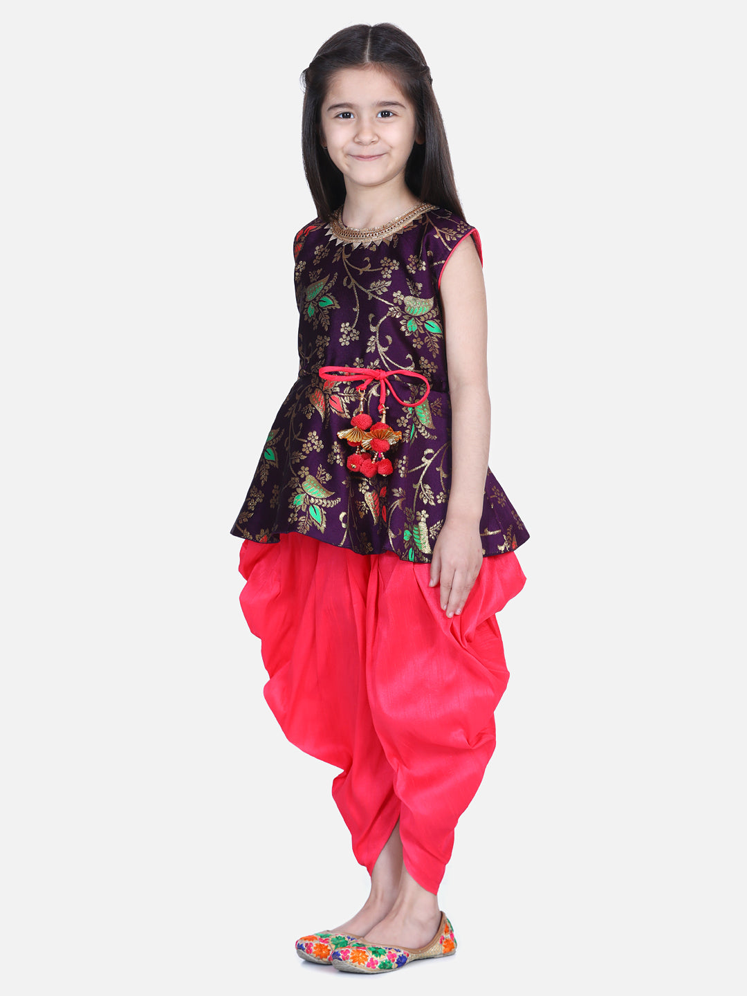 BownBee Flower Print Sleeveless Top With Silk Dhoti - Purple