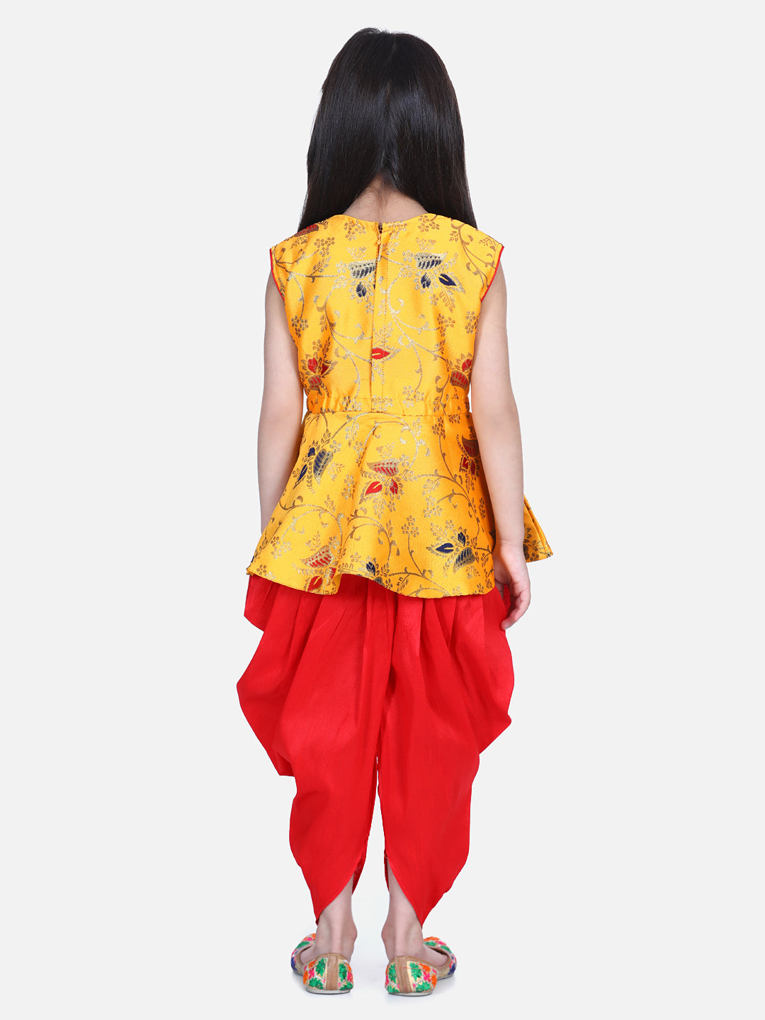 BownBee Flower Print Sleeveless Top With Silk Dhoti - Yellow