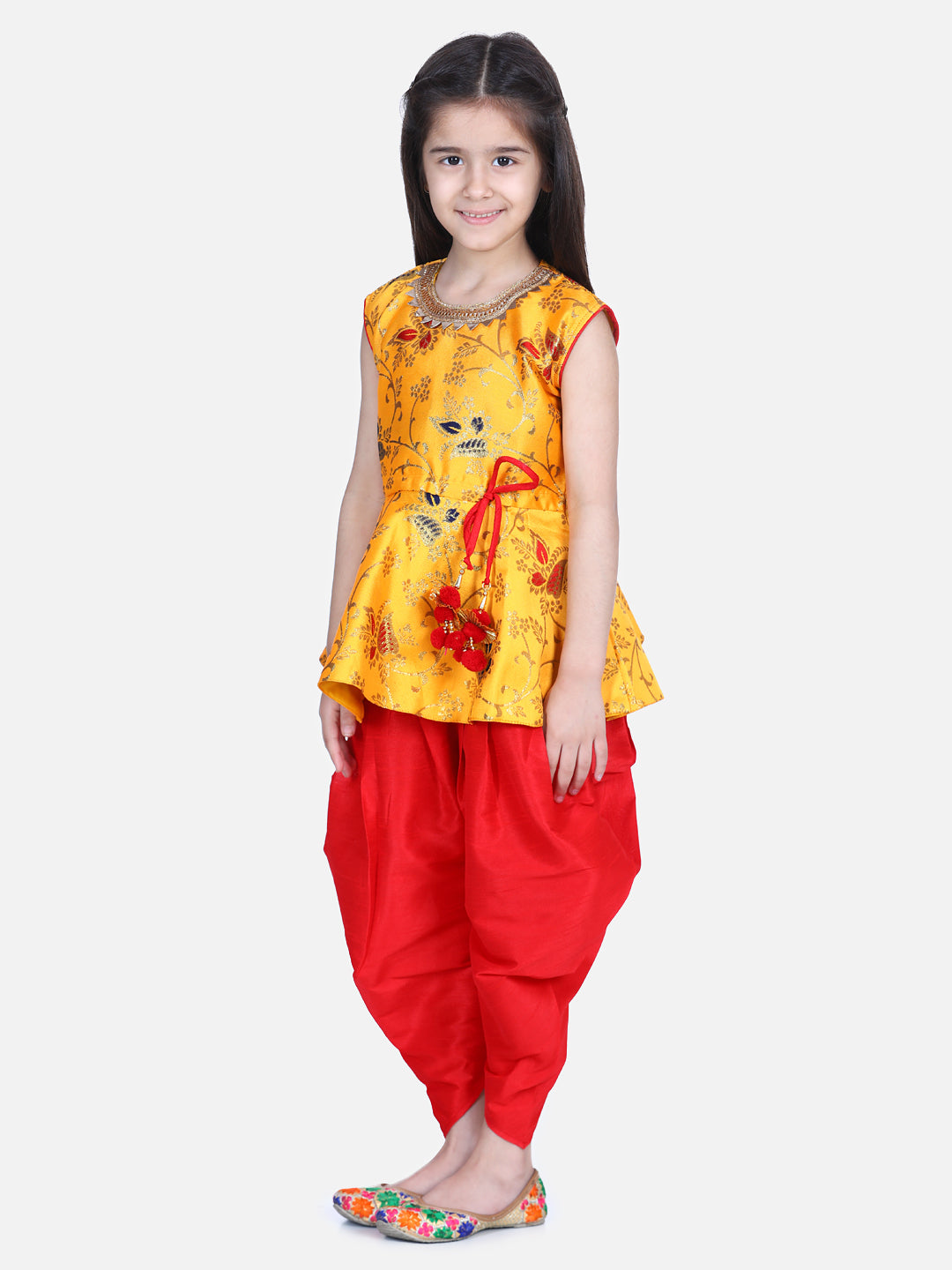 BownBee Flower Print Sleeveless Top With Silk Dhoti - Yellow