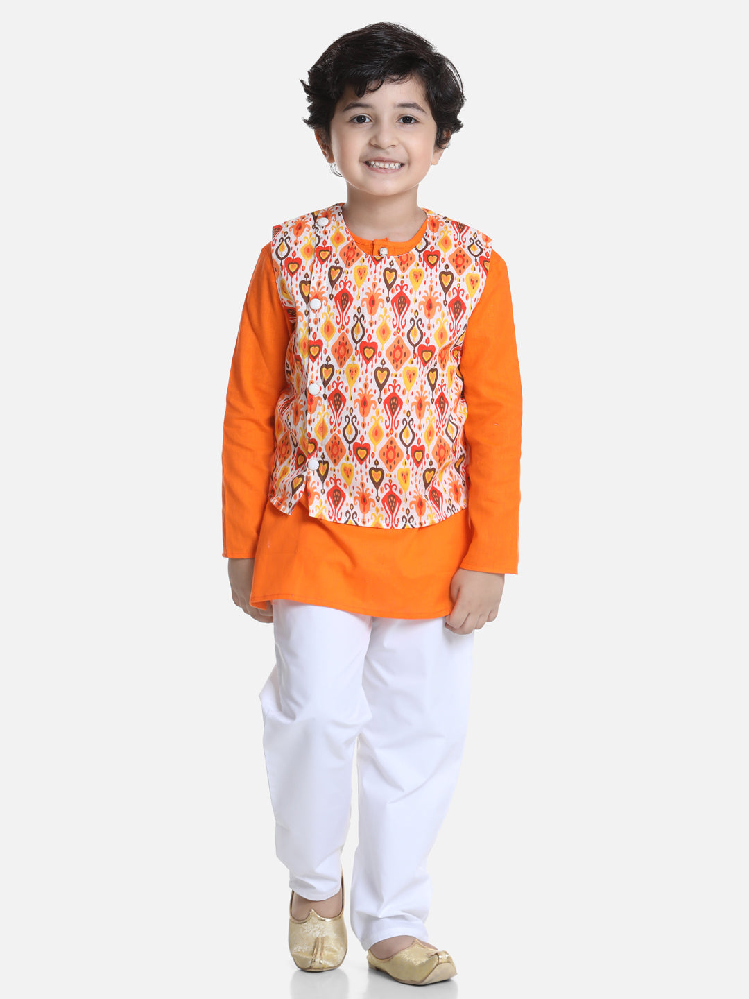 BownBee Full Sleeves Printed Attached Jacket Kurta & Pyjama Set - Orange