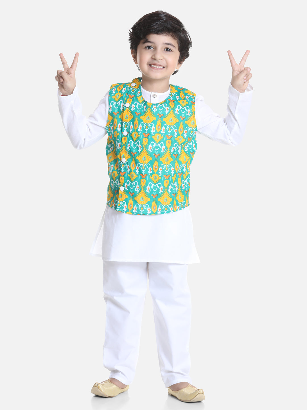 BownBee Full Sleeves Printed Attached Jacket Kurta & Pyjama Set - White