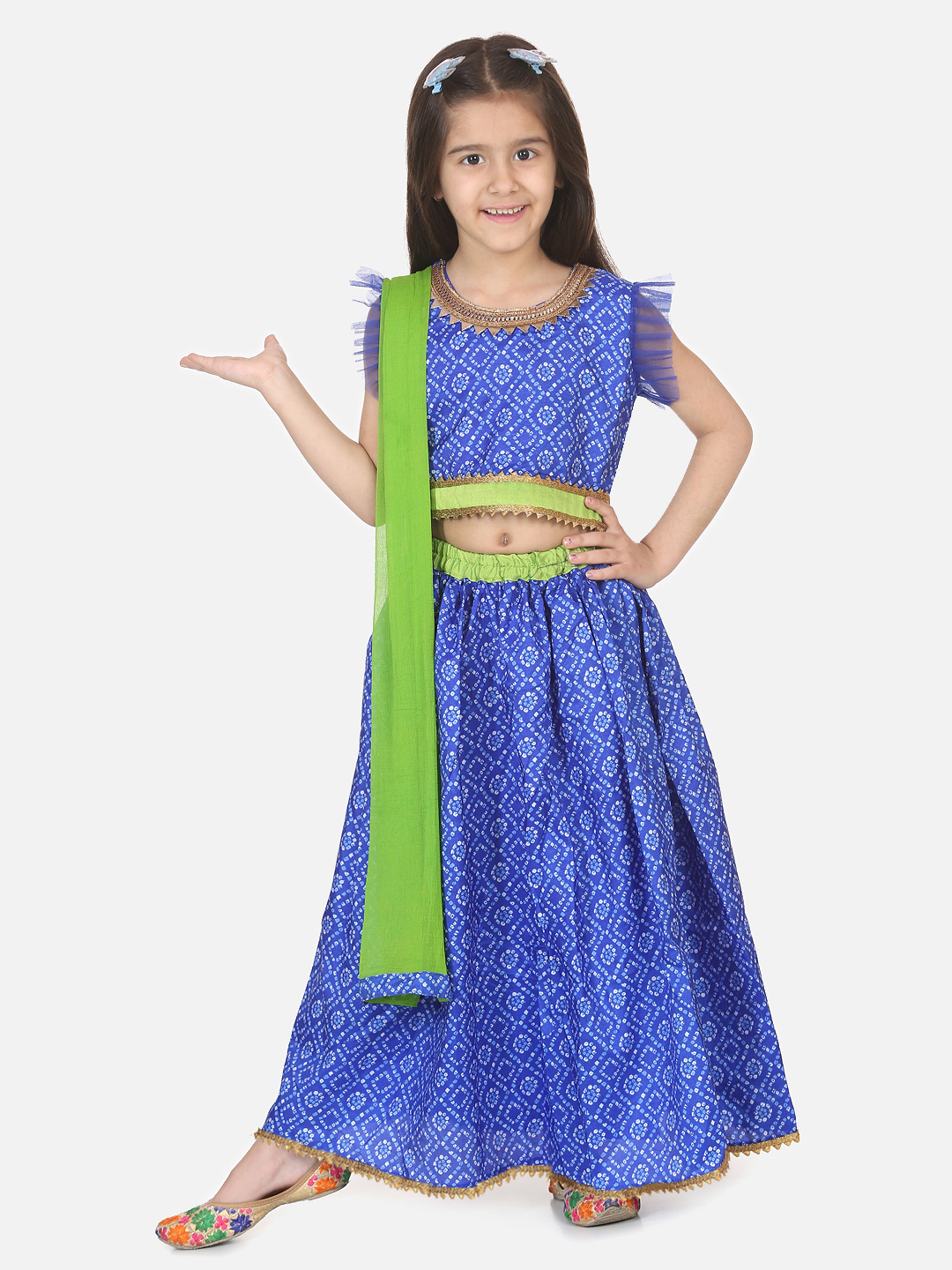 BownBee Short Sleeves Bandhani Print Choli With Lehenga & Dupatta - Blue