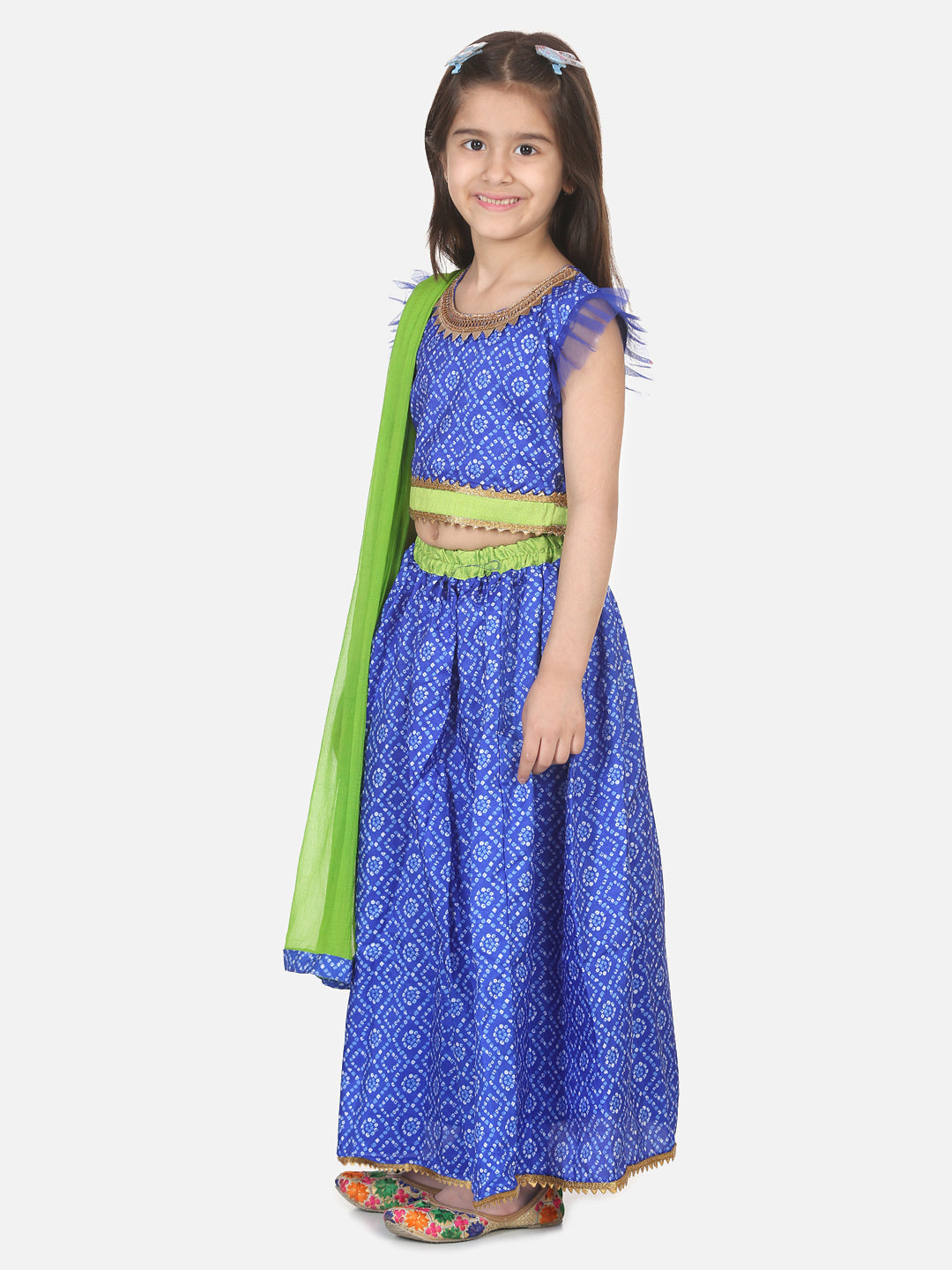 BownBee Short Sleeves Bandhani Print Choli With Lehenga & Dupatta - Blue