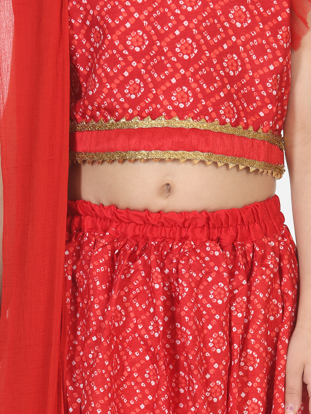 BownBee Short Sleeves Bandhani Print Choli With Lehenga & Dupatta - Red