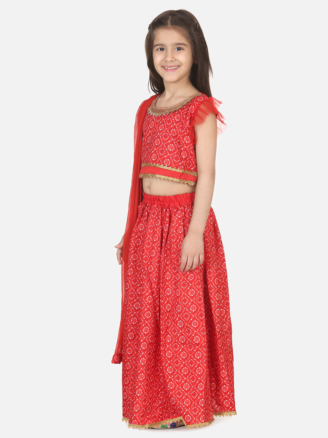 BownBee Short Sleeves Bandhani Print Choli With Lehenga & Dupatta - Red