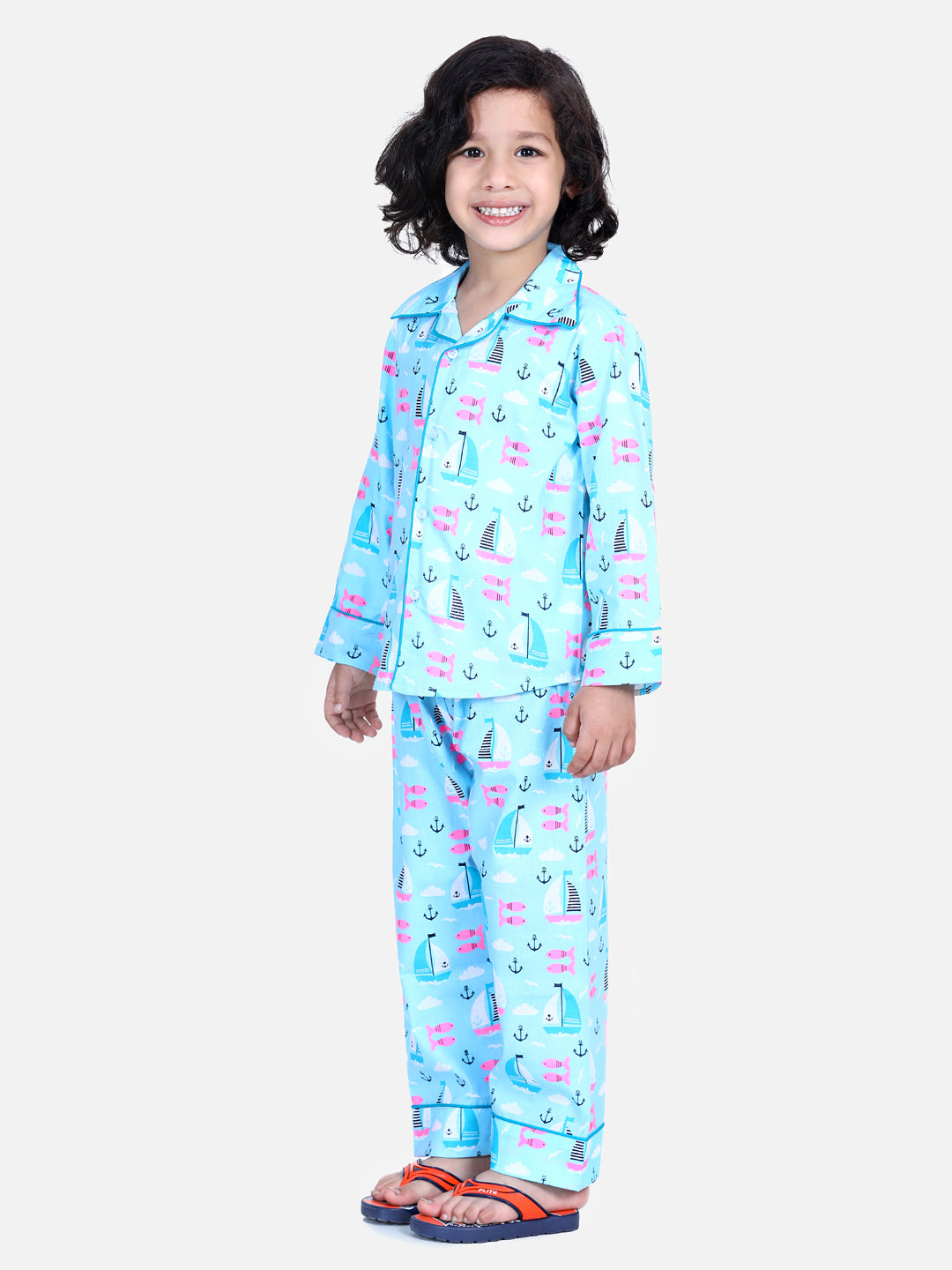 BownBee Full Sleeve Printed Boys Night Suit- Blue