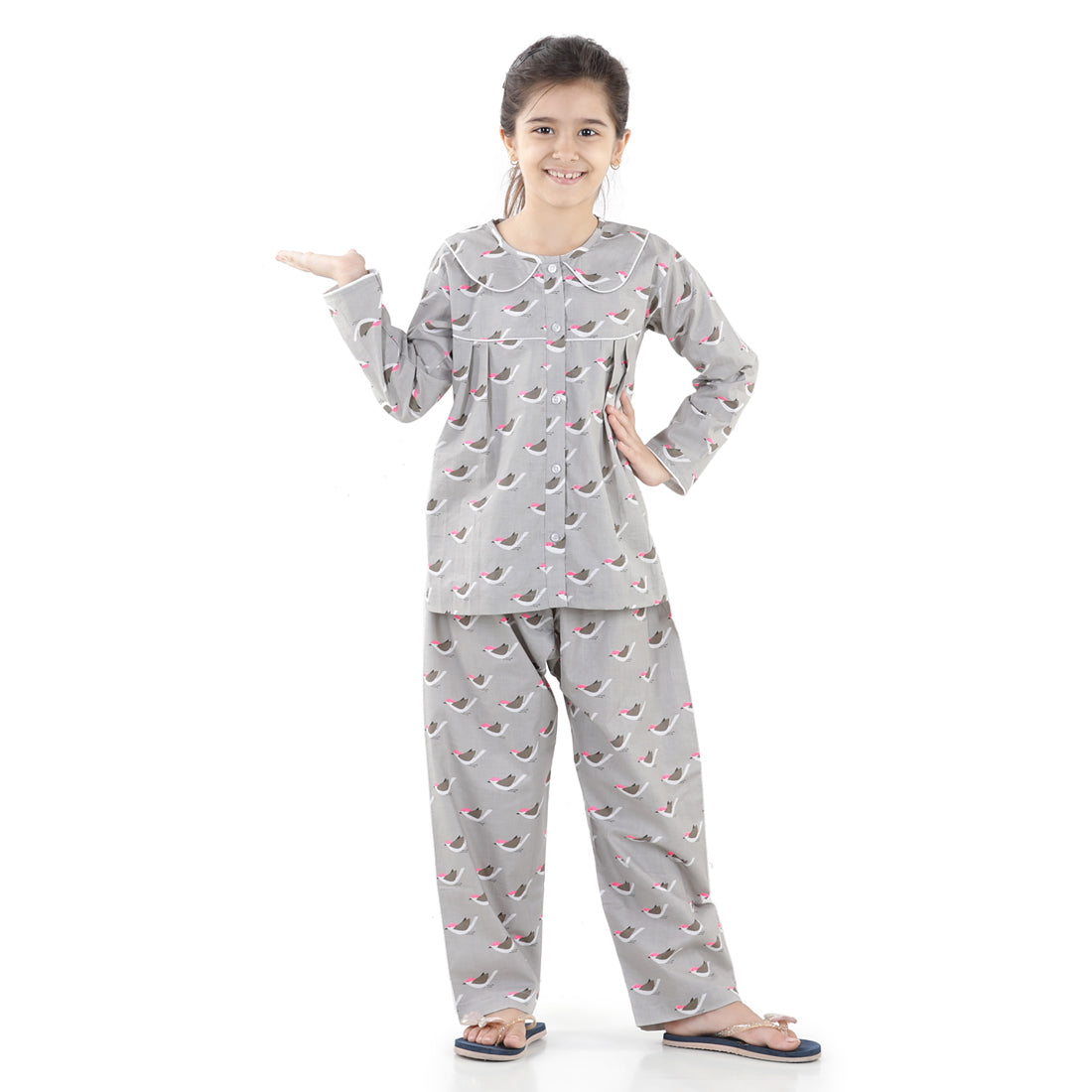 BownBee Cotton Full Sleeve Printed Girls Night Suit- Beige