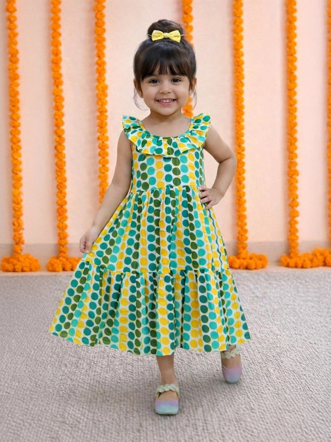 BownBee Girl's Cotton Polka Dot Tier Halter Neck Gown
