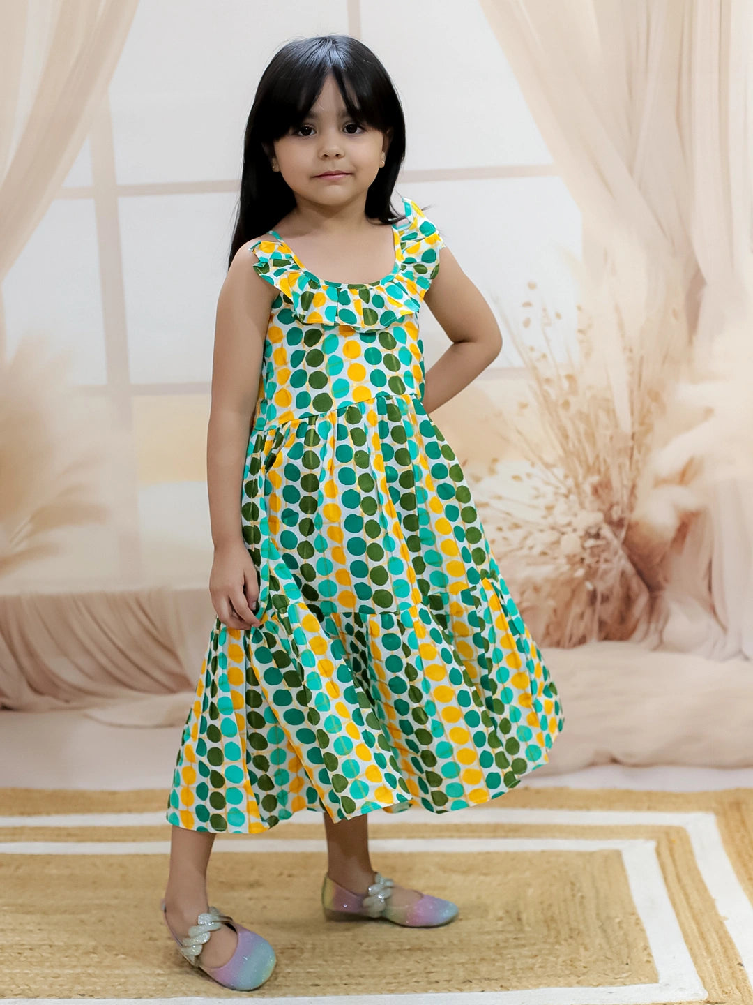 BownBee Girl's Cotton Polka Dot Tier Halter Neck Gown