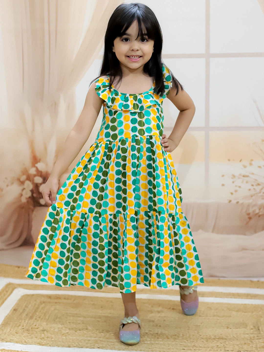BownBee Girl's Cotton Polka Dot Tier Halter Neck Gown