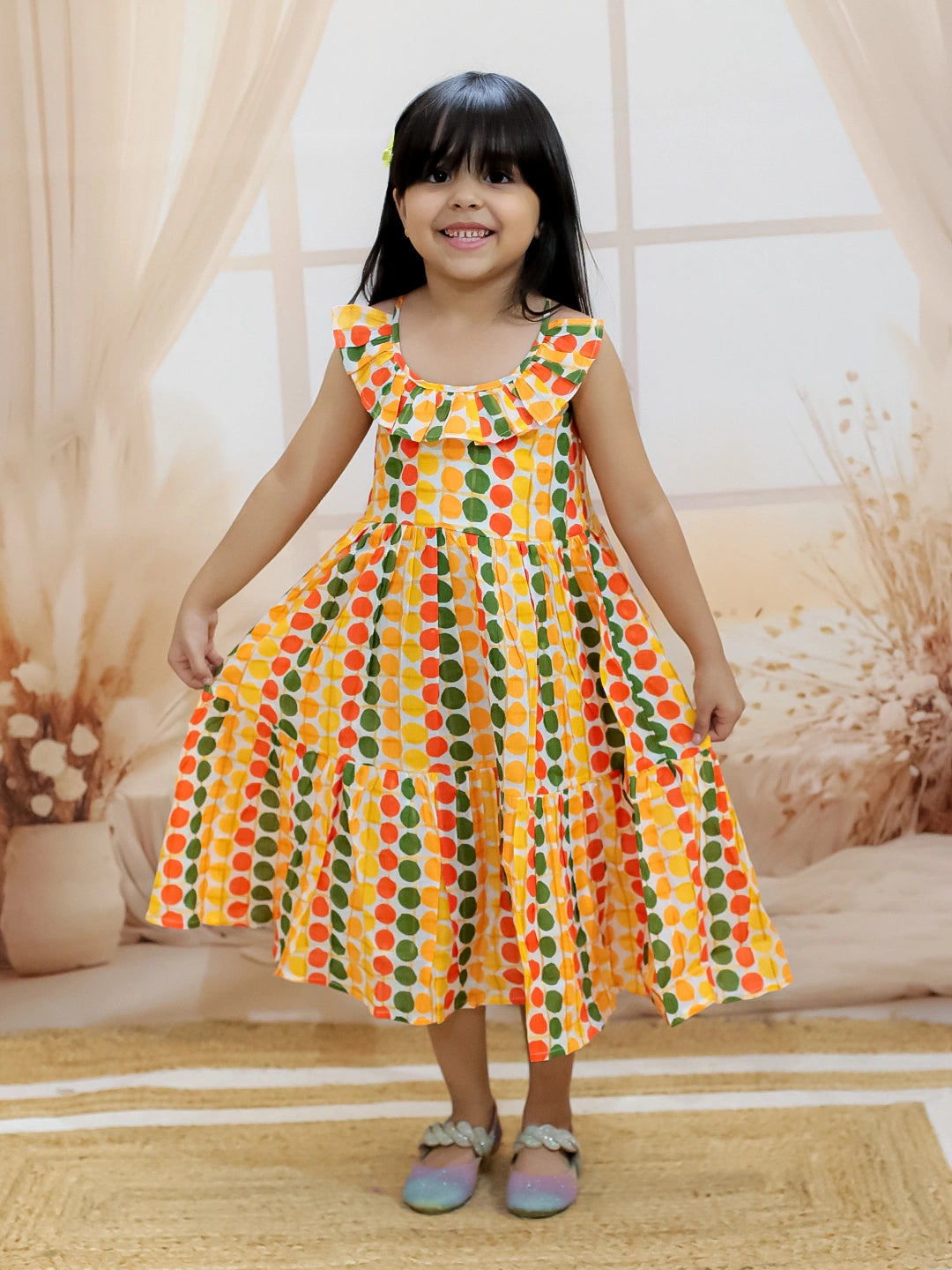 BownBee Girl's Cotton Polka Dot Tier Halter Neck Gown
