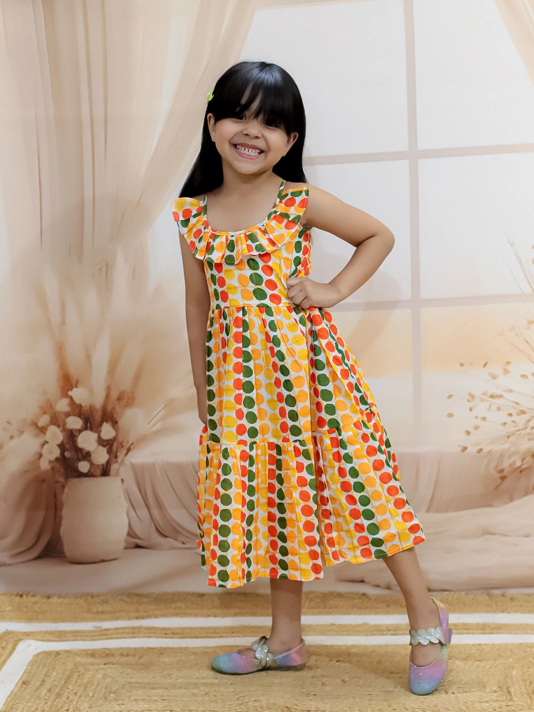 BownBee Girl's Cotton Polka Dot Tier Halter Neck Gown