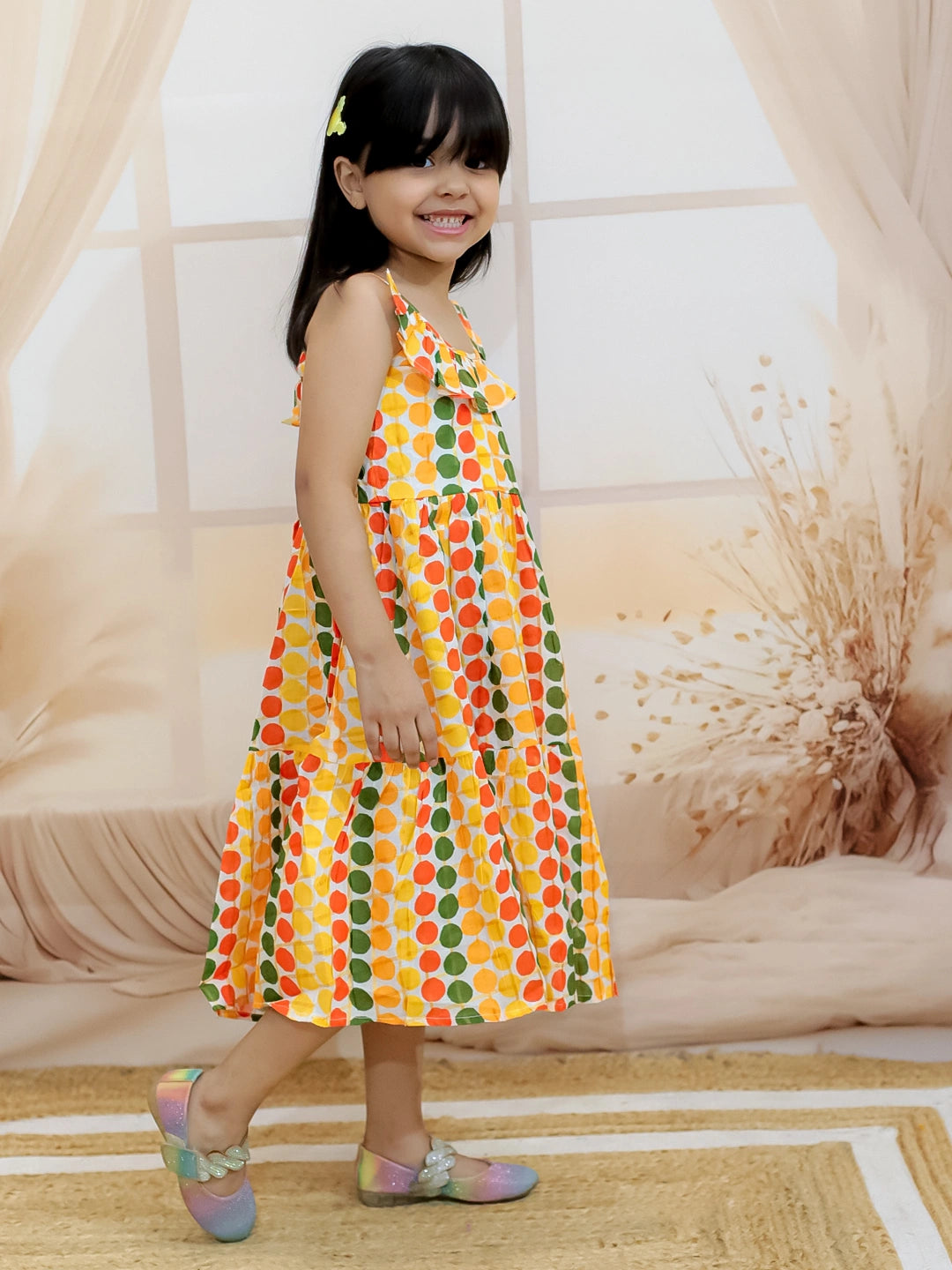 BownBee Girl's Cotton Polka Dot Tier Halter Neck Gown