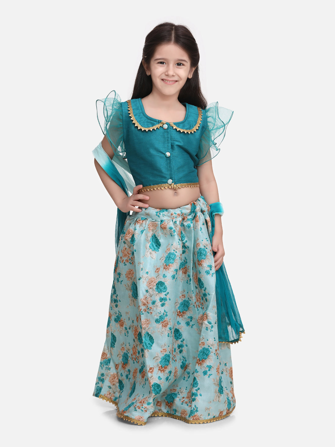 BwnBee Sibling Sets Floral Printed Attached Jacket Kurta Pajama  and Lehenga Choli With Dupatta-Green