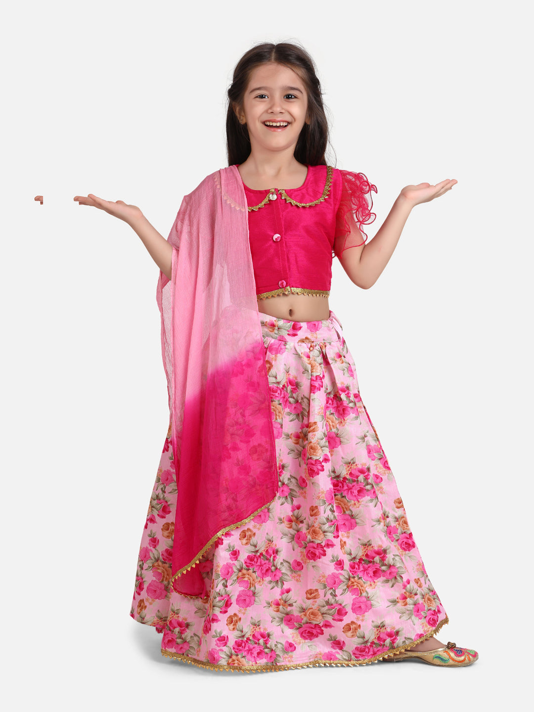 BwnBee Sibling Sets  Floral Printed Attached Jacket Kurta Pajama  and Lehenga Choli With Dupatta-Pink