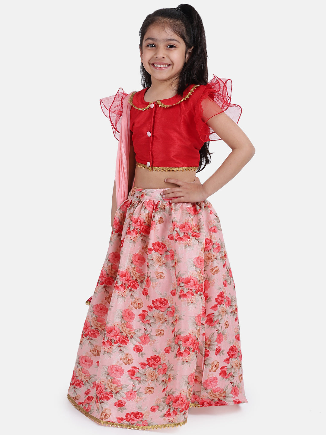 BownBee Ruffle Short Sleeves Choli With Floral Print Lehenga  Dupatta Sets