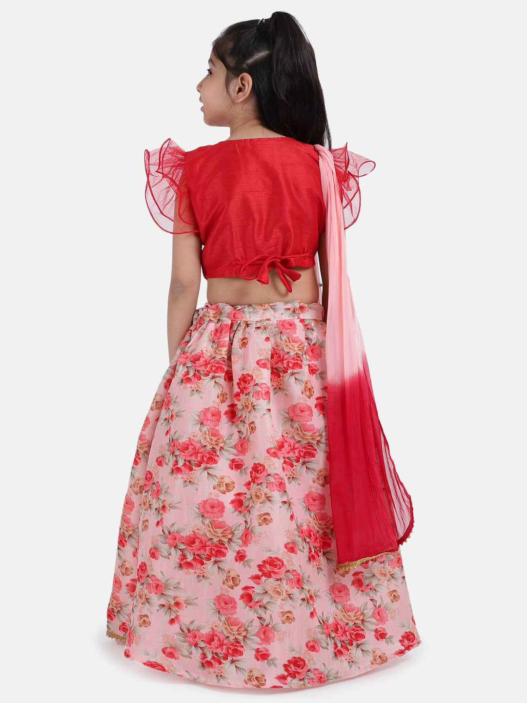 BownBee Ruffle Short Sleeves Choli With Floral Print Lehenga  Dupatta Sets