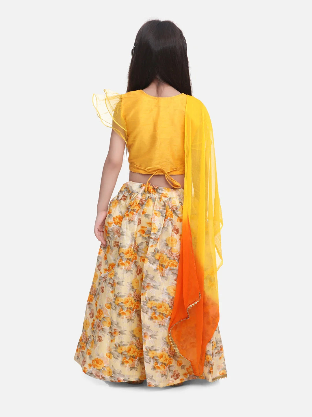 BownBee Ruffle Short Sleeves Choli With Floral Print Lehenga  Dupatta Sets