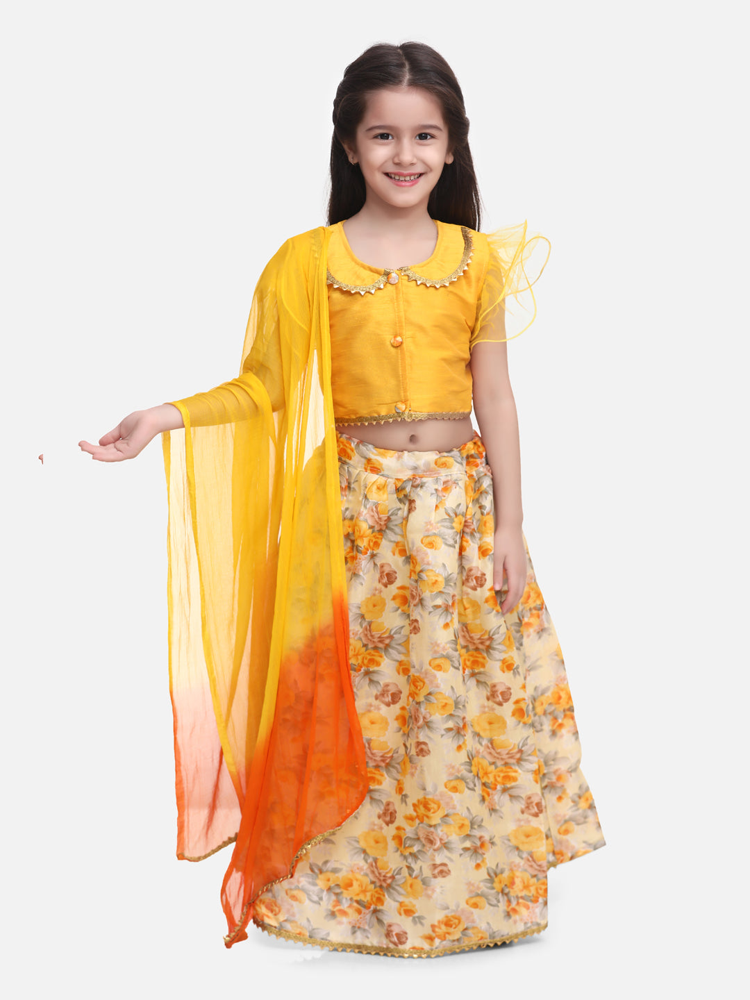 BownBee Sibling Sets  Floral Printed Attached Jacket Kurta Pajama  and Lehenga Choli With Dupatta-Yellow