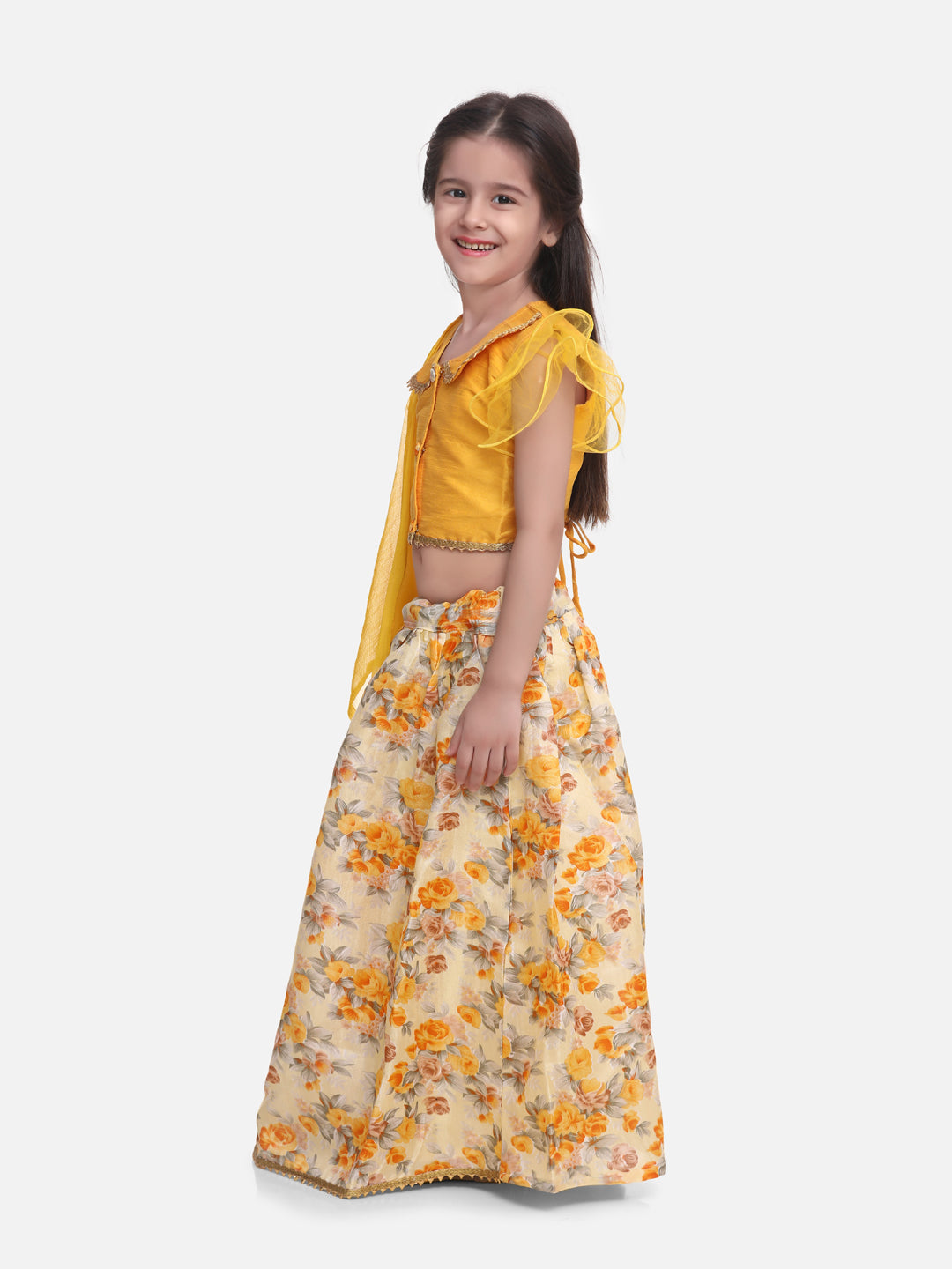 BownBee Sibling Sets  Floral Printed Attached Jacket Kurta Pajama  and Lehenga Choli With Dupatta-Yellow