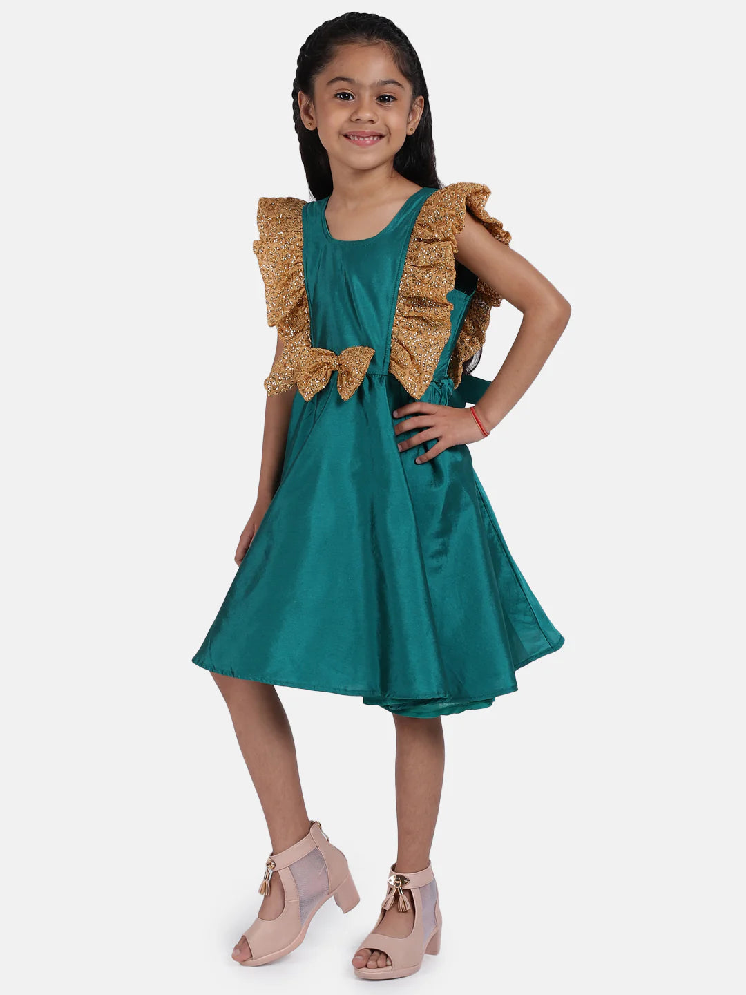 BownBee Sleeveless Frilly Sequined Bow Fit & Flared Party Dress