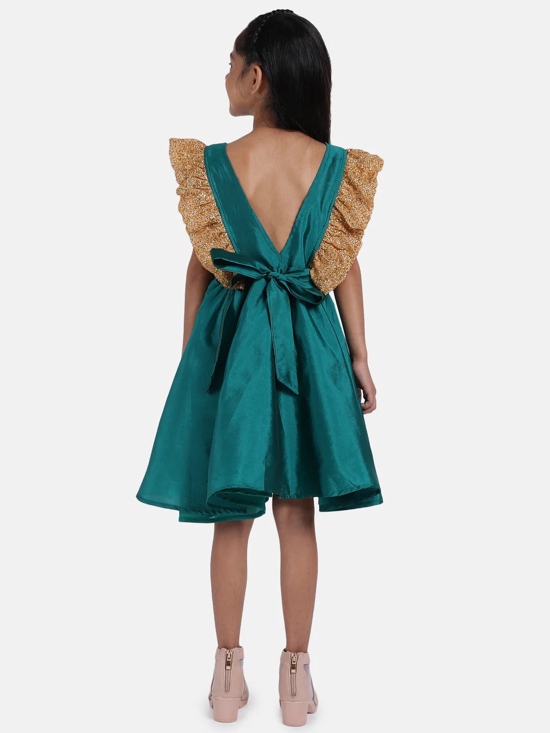 BownBee Sleeveless Frilly Sequined Bow Fit & Flared Party Dress