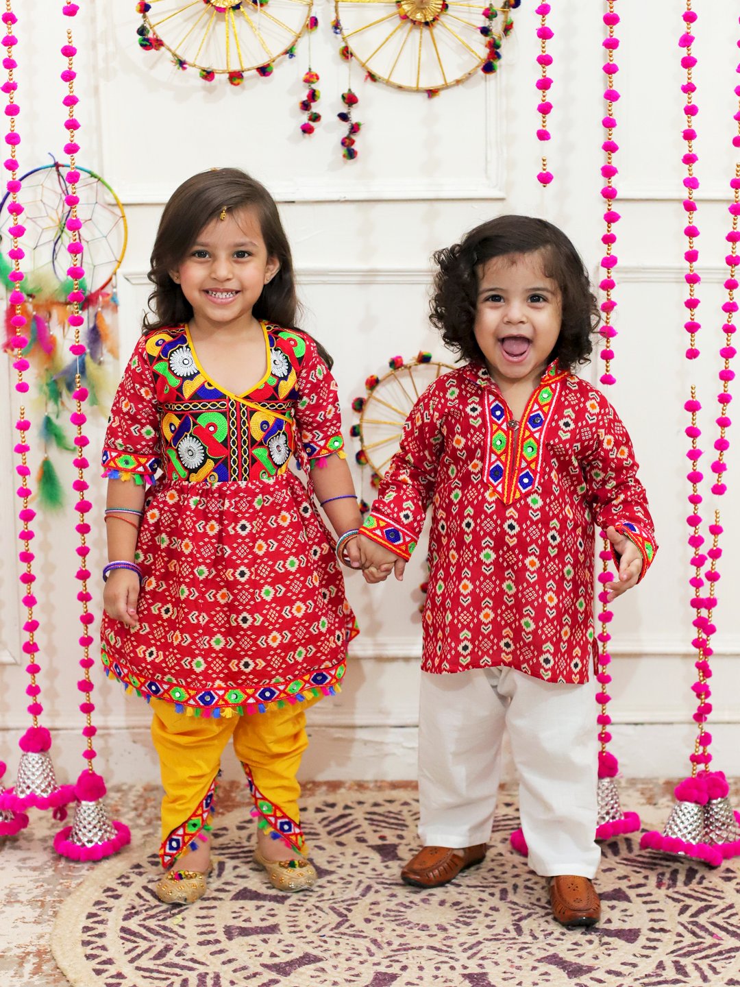 BownBee Embroidered Printed Cotton Kurta with Cotton Pajama- Red with  Embroidered Printed Cotton Top with Cotton Dhoti- Red