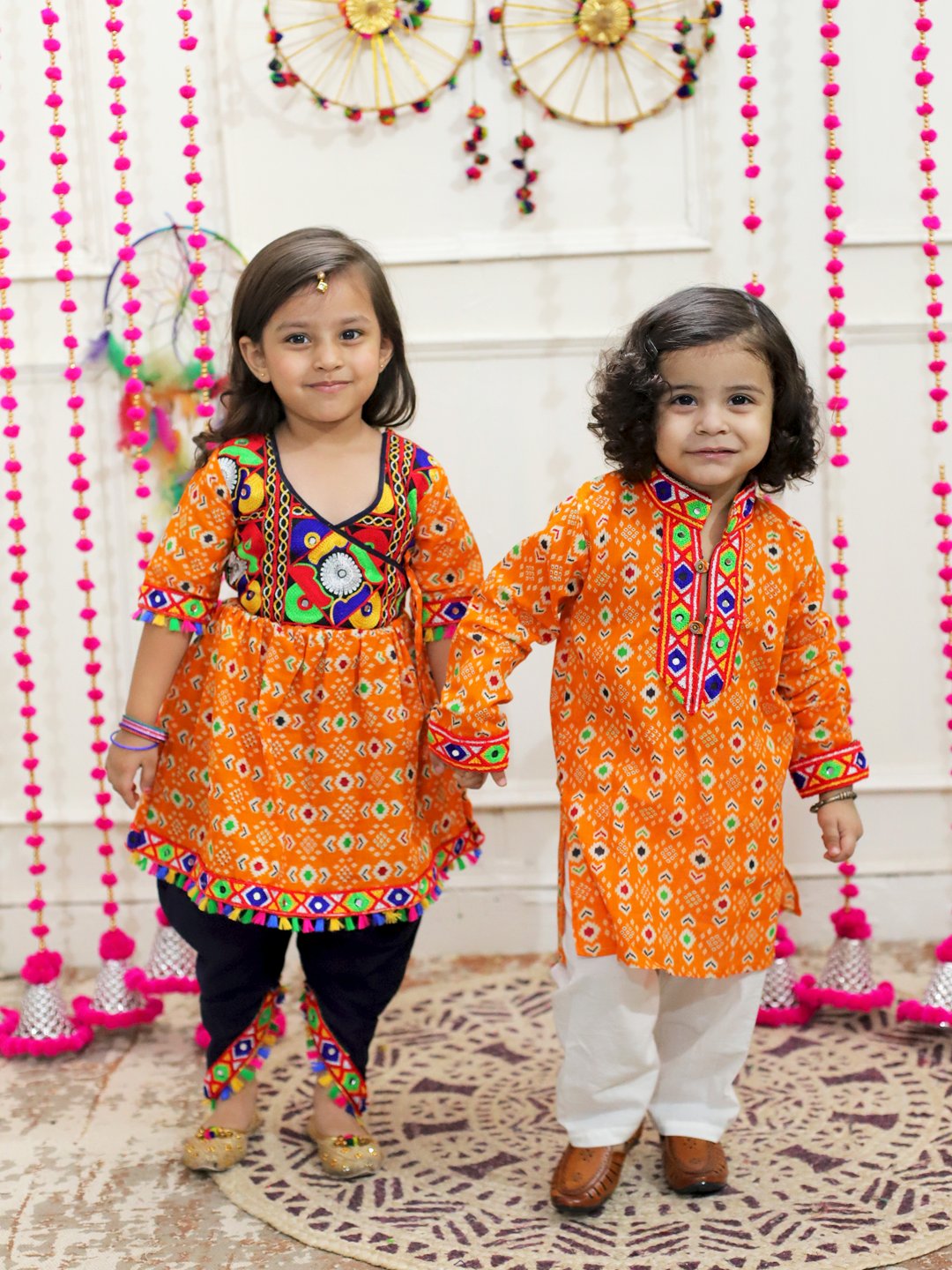 BownBee Embroidered Printed Cotton Kurta with Cotton Pajama- Yellow with  Embroidered Printed Cotton Top with Cotton Dhoti- Yellow