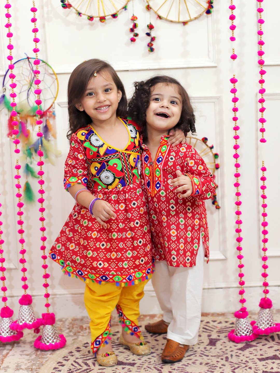 BownBee Embroidered Printed Cotton Kurta with Cotton Pajama- Red with  Embroidered Printed Cotton Top with Cotton Dhoti- Red