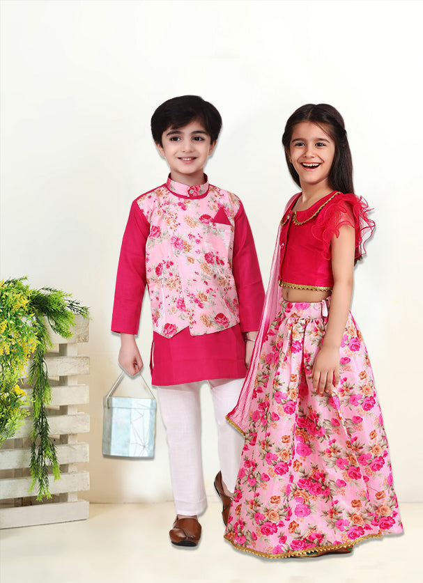 BwnBee Sibling Sets  Floral Printed Attached Jacket Kurta Pajama  and Lehenga Choli With Dupatta-Pink