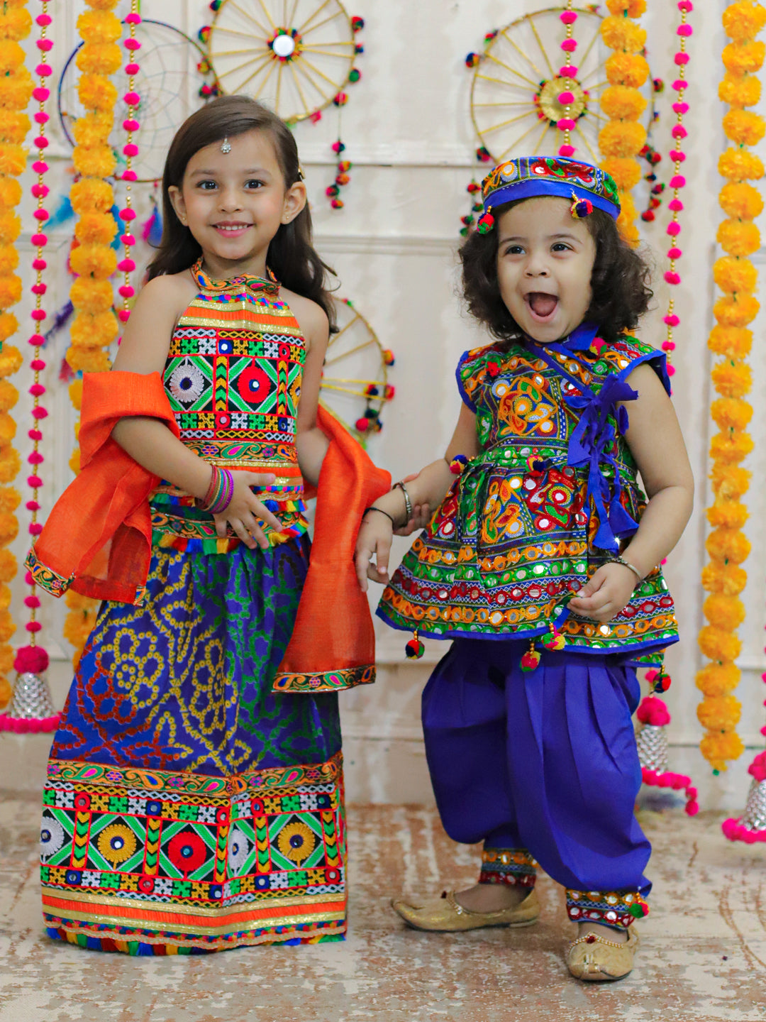 BowBee Sibling Embroidered kediya with Dhoti and Cap for Boys and Bandhani halter neck chaniya choli-Blue