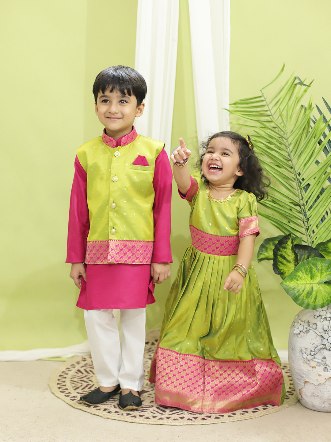 BownBee Silk Jacket with Cotton Kurta Pajama for Boys- Green with Silk Booti Party Dress Gown for Girls- Green