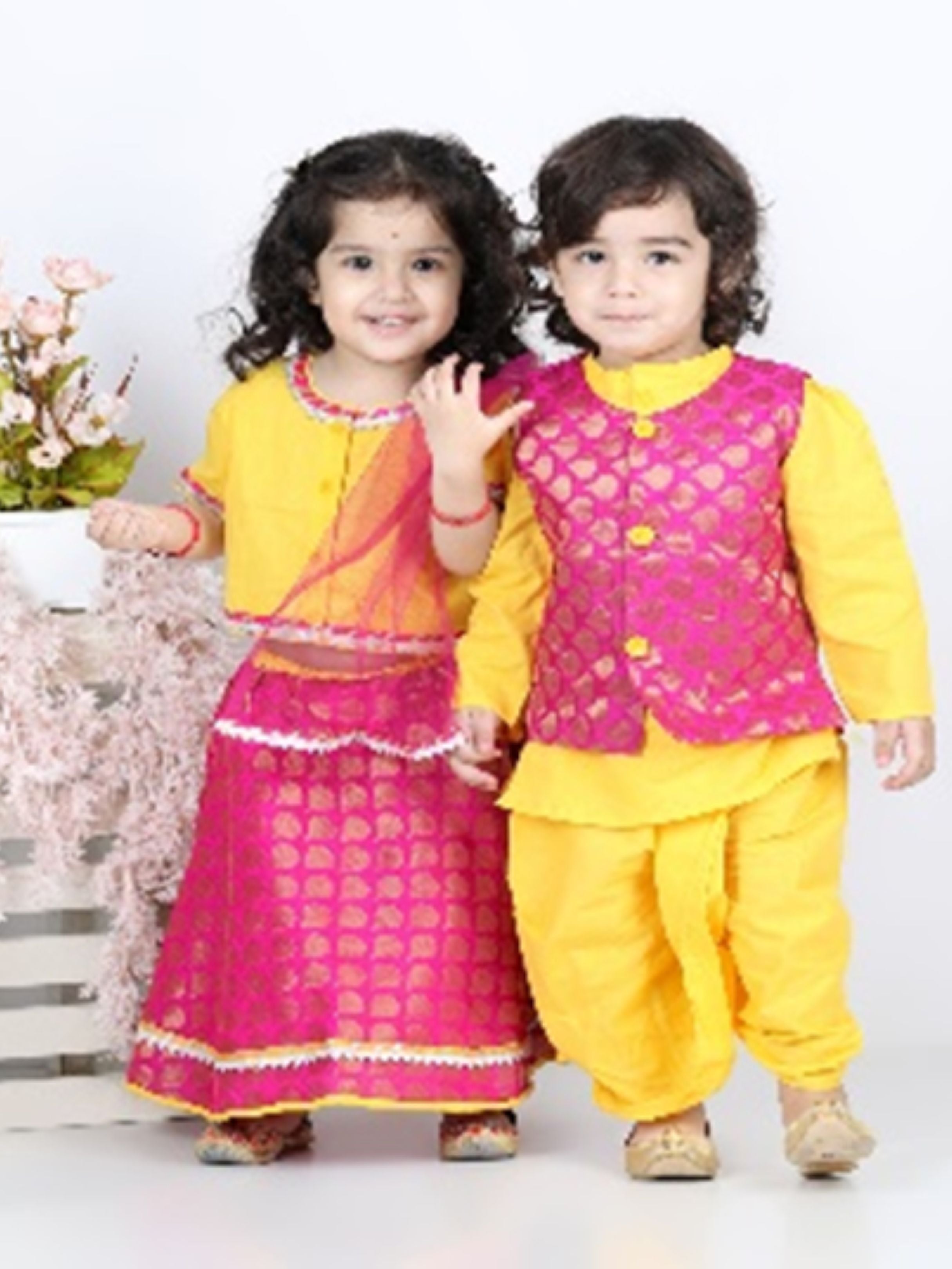BownBee Sibling Set Cotton Dhoti Kurta with Jacket- Yellow with Front Open Cotton Top with Jacquard Lehenga for Girls- Yellow