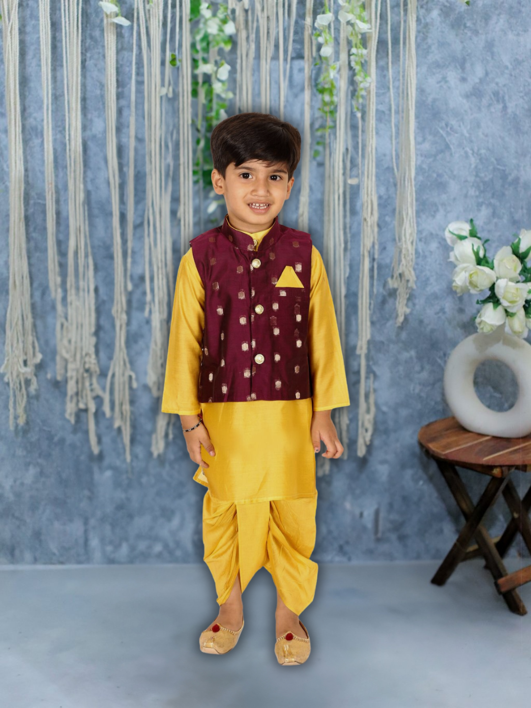 BownBee Chanderi Jacket with Chanderi Dhoti Kurta for Boys- Purple