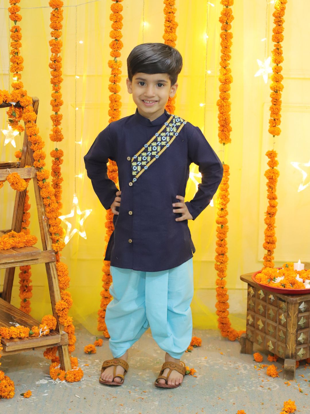 BownBee Embroidery Front Open Cotton Kurta with Dhoti for Boys- Blue