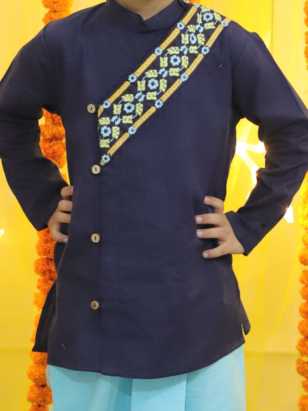 BownBee Embroidery Front Open Cotton Kurta with Dhoti for Boys- Blue