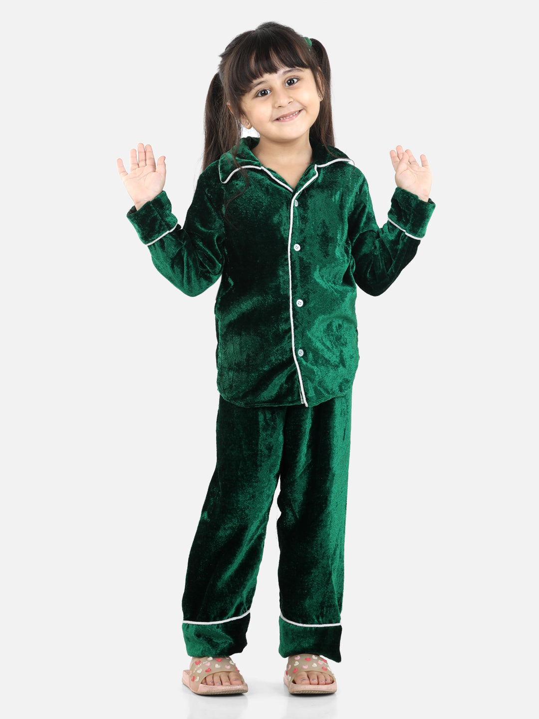 BownBee Full Sleeve Velvet UniSex Night Suit- Green