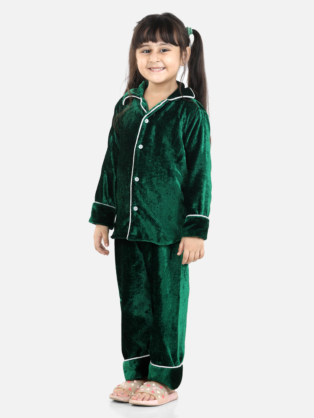 BownBee Full Sleeve Velvet UniSex Night Suit- Green